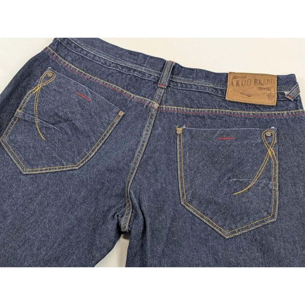 Akoo Jeans Selvedge Denim Dark Mens‎ 40x30 Blue Wide Embroidered Western - Picture 3 of 12